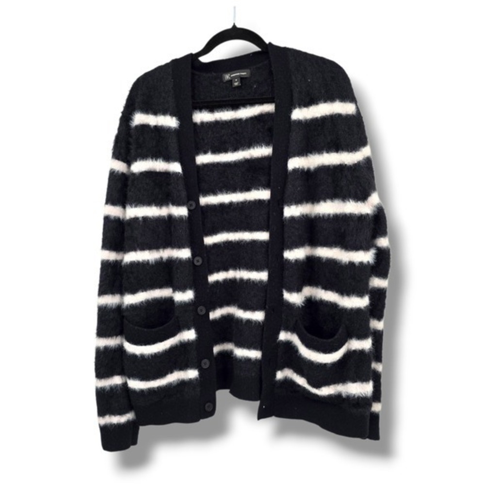 INC International Concepts Women Black White Stripe Fuzzy Cardigan Sweater Med